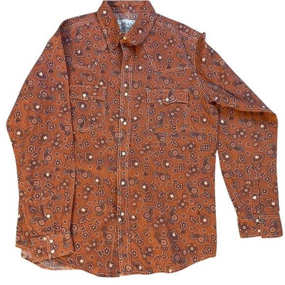 Ryan Michael Men’s L Western Snap Shirt Orange Floral Paisley Linen Pearl Snaps - Picture 10 of 11
